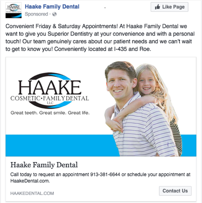 example of Facebook advertisement for a dental practice 